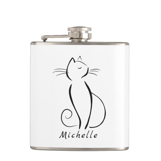 Minimalistische schwarze Katze auf weißem Namen Flachmann (Vorderseite)