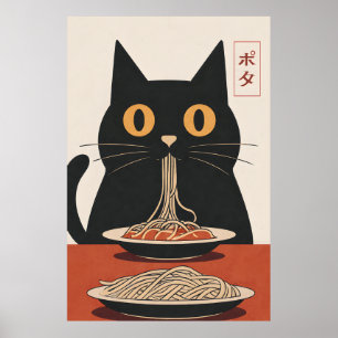 Minimalistische schwarze Katze, die Spaghetti isst Poster