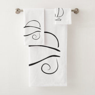 Minimalistische schwarze Katze mit weißem Namen Badhandtuch Set