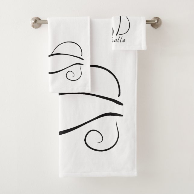 Minimalistische schwarze Katze mit weißem Namen Badhandtuch Set (Insitu)