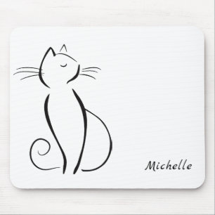 Minimalistische schwarze Katze mit weißem Namen Mousepad