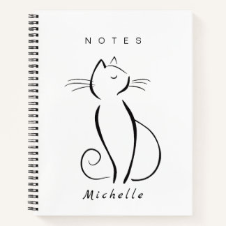 Minimalistische schwarze Katze mit weißem Namen Notizbuch