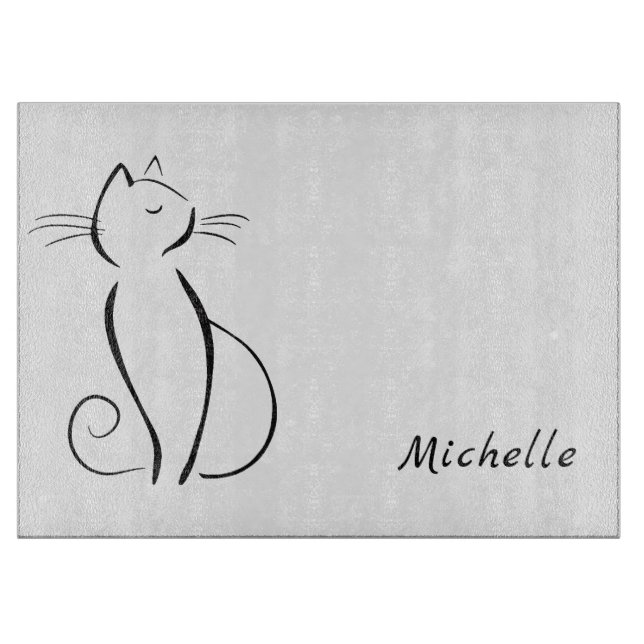 Minimalistische schwarze Katze mit weißem Namen Schneidebrett (Vorderseite)