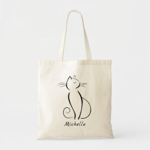 Minimalistische schwarze Katze mit weißem Namen Tragetasche