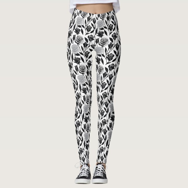 Minimalistische schwarze Rosen mit hellgrauen Stie Leggings (Vorderseite)
