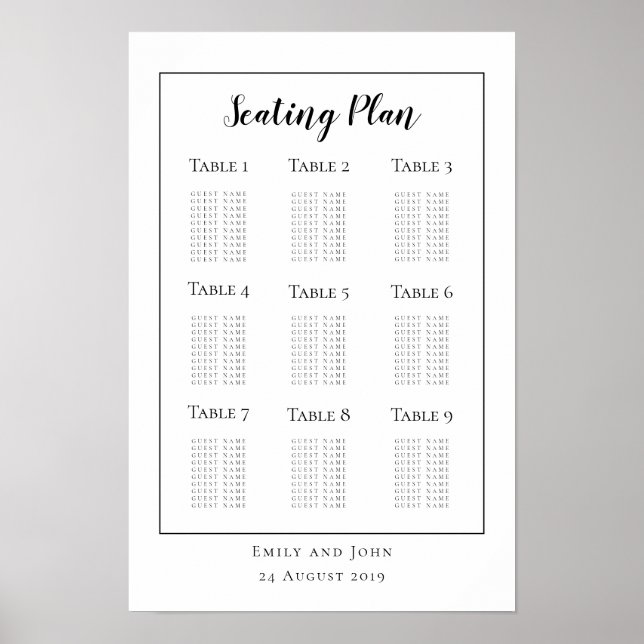 Minimalistische schwarze Typografie/Grenzsitzplan Poster (Vorne)