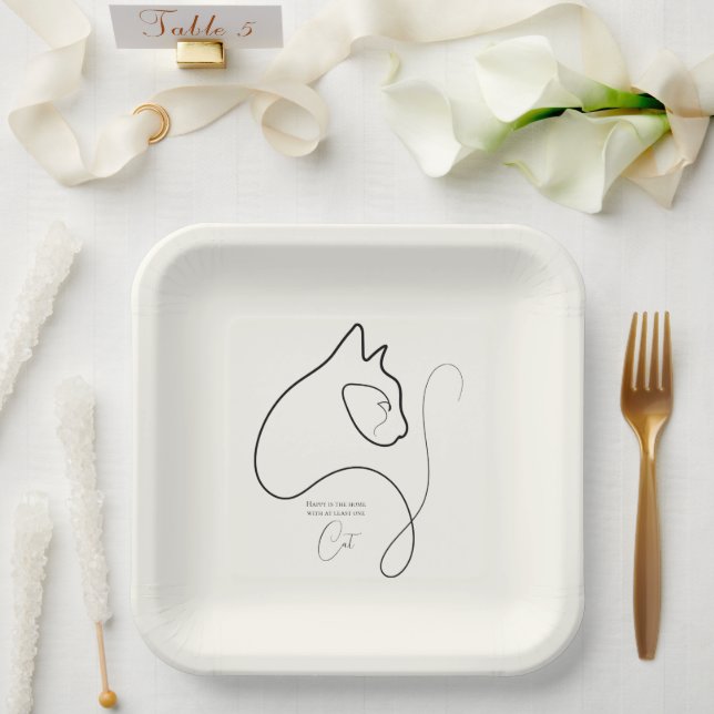 Minimalistische schwarze und cremige Katze Pappteller (Hochzeit)