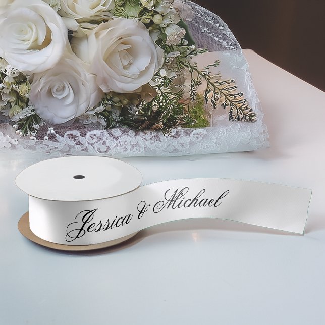 Minimalistische Schwarzweißkalligrafie Satinband (Ribbon with bride bouquet)