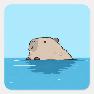 Minimalistische Schwimmende Capybara in Blauem Was Quadratischer Aufkleber