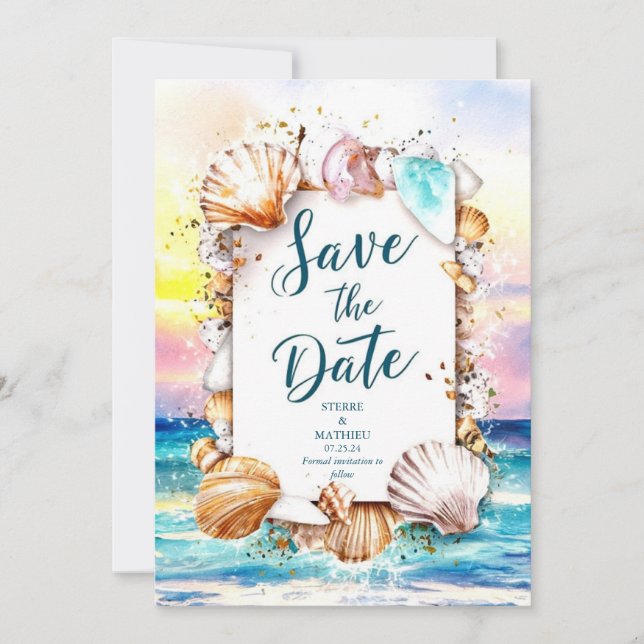 Minimalistische Script Beach Hochzeit Save The Date (Vorderseite)
