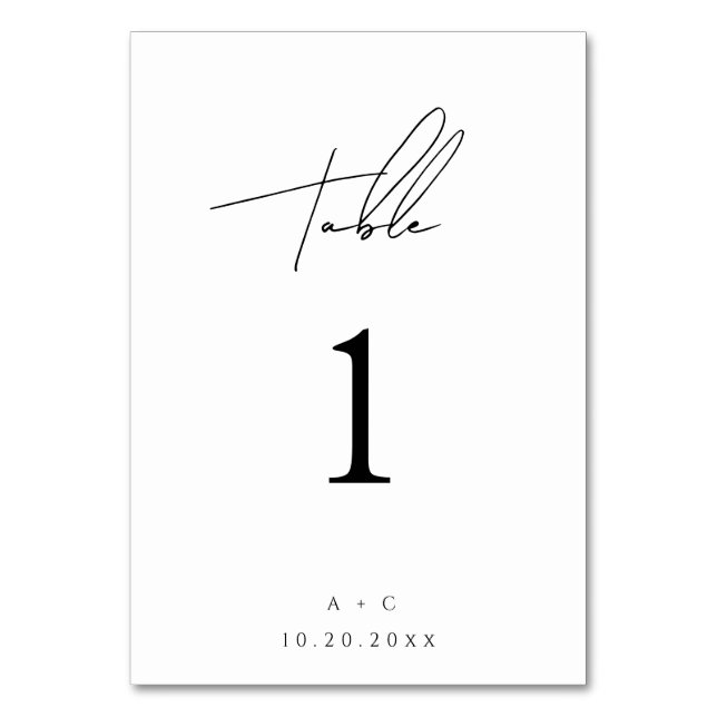 Minimalistische Script-Hochzeitskarte Tischnummer (Vorderseite)