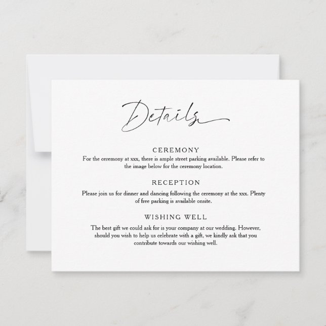 Minimalistische Script-Hochzeitungs-Detailkarte Einladung (Vorderseite)
