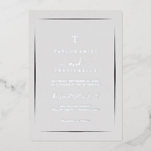 Minimalistische Silberfolie   Graue Monogramm-Hoch Folieneinladung