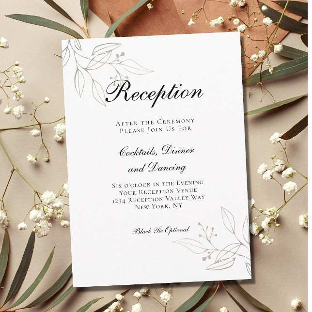 Minimalistische Silver Botanical Wedding Reception Begleitkarte (Von Creator hochgeladen)