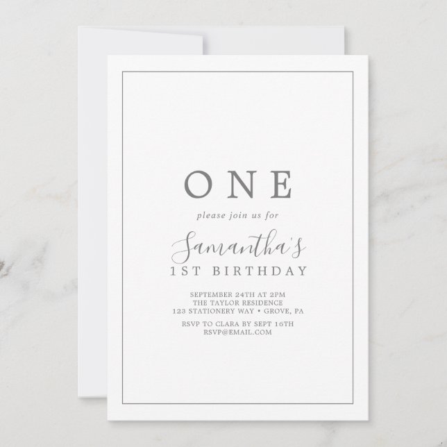 Minimalistische Silver First Birthday Party Einlad Einladung (Vorderseite)