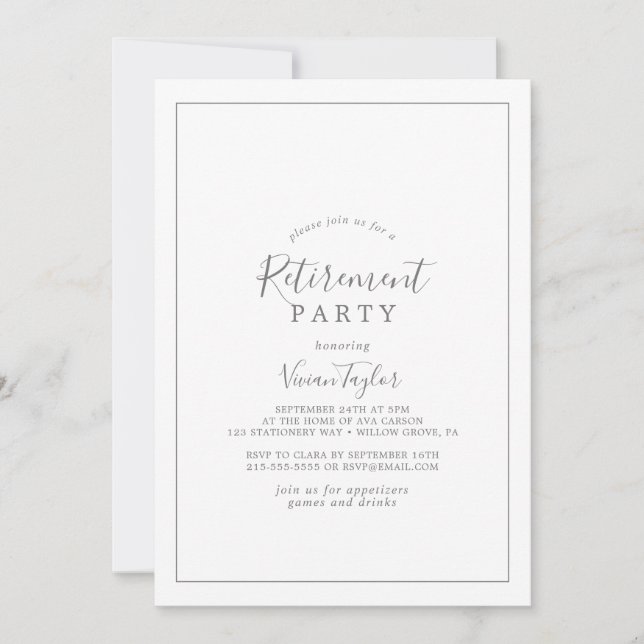 Minimalistische Silver Retirement-Party Einladung (Vorderseite)