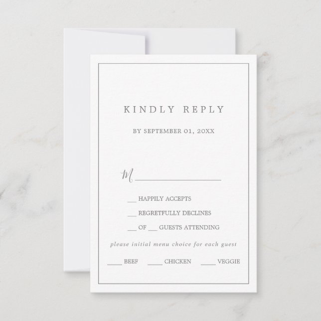 Minimalistische Silver Typografy Menü Auswahl RSVP (Vorderseite)