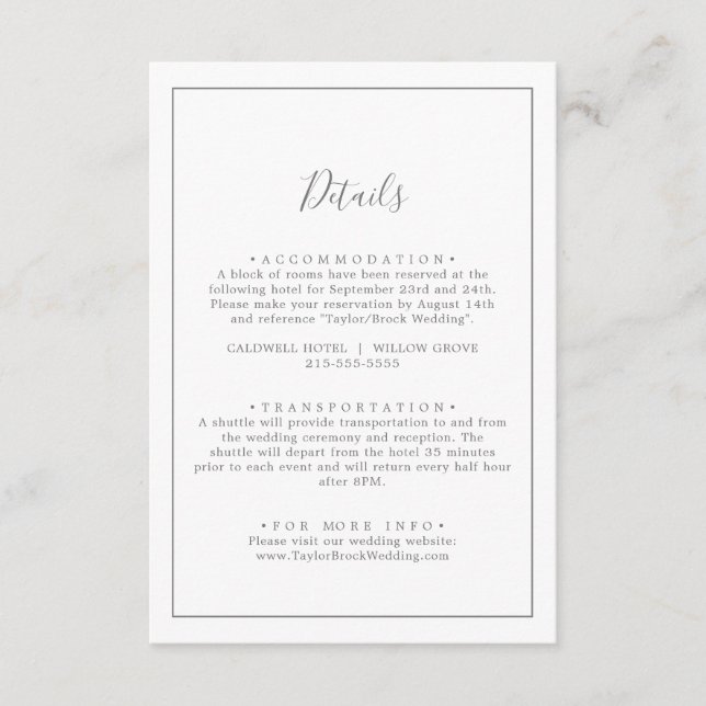 Minimalistische Silver Wedding Details Umschließka Begleitkarte (Vorderseite)