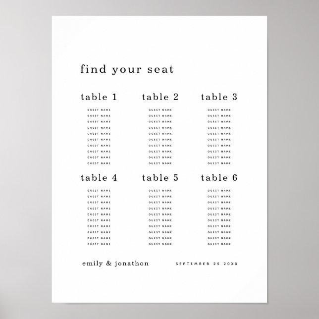 Minimalistische Sitzkarte Finden Sie Ihre Sitzehe Poster (Vorne)