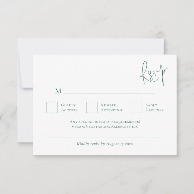 Minimalistische Smaragdgrüne Schrifthochzeit RSVP Karte (Vorderseite)