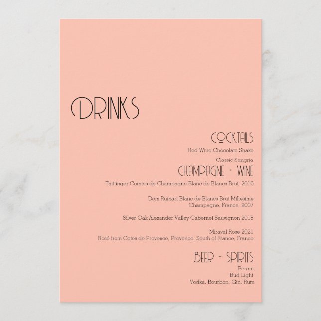Minimalistische Snack-Peach-Wedding Drinks Bar Men Menükarte (Vorderseite)