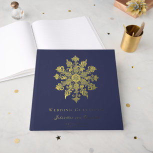 Minimalistische Snowflake-Hochzeit Marineblau Gästebuch