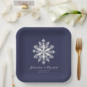 Minimalistische Snowflake-Hochzeit Marineblau Pappteller