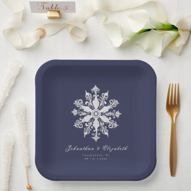 Minimalistische Snowflake-Hochzeit | Marineblau Pappteller (Hochzeit)
