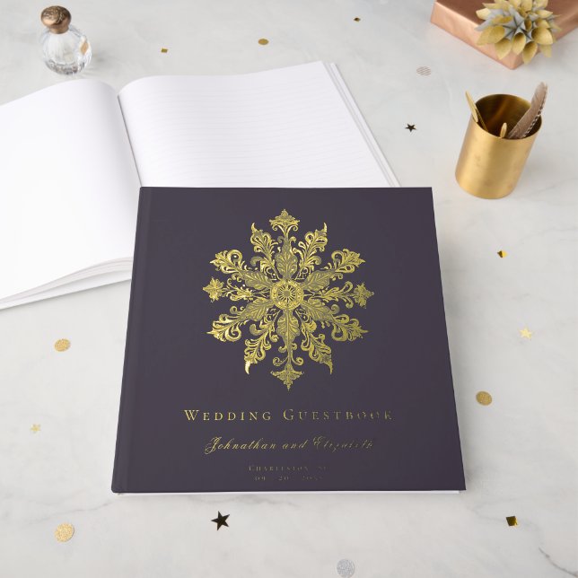 Minimalistische Snowflake-Hochzeit | Plum Lila Gästebuch (Vorderseite Offen)