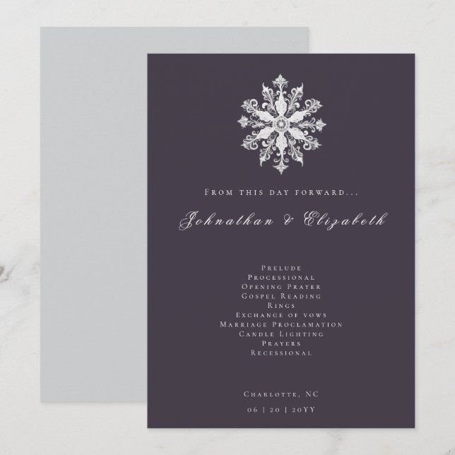 Minimalistische Snowflake-Hochzeit | Plum Lila Programm (Vorne/Hinten)