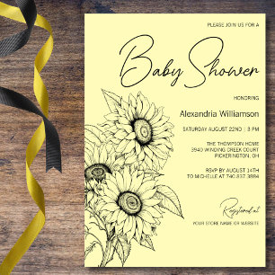 Minimalistische Sonnenblume auf der gelben Babydus Einladung