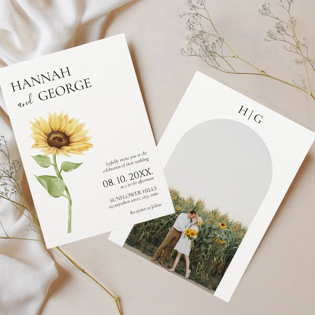 Minimalistische Sonnenblumen-Foto-Hochzeit Einladung (Minimalist sunflower photo wedding invitation)
