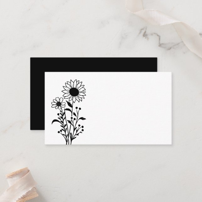 Minimalistische Sonnenblumenhochzeit Schwarz-weiß Platzkarte (Vorderseite/Rückseite Beispiel)