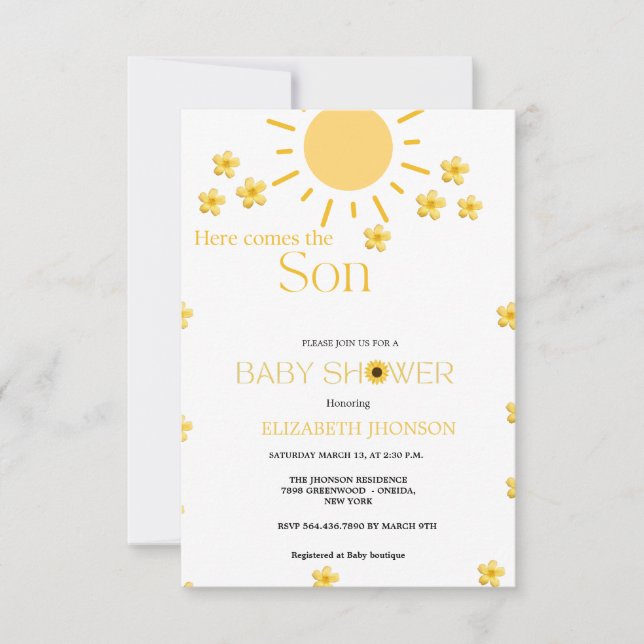 Minimalistische Sonnenblumensonne Blume Babydusche Einladung (Vorderseite)