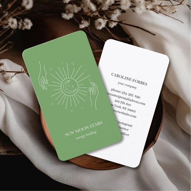 Minimalistische Sonnenmond-Sternenkarte Visitenkarte (Minimalistic sun moon star green Business card)