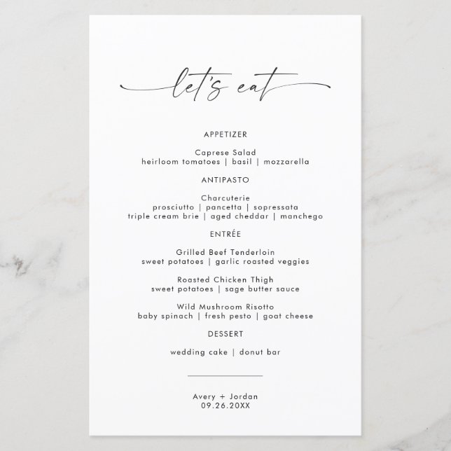 Minimalistische Speisekarte für Hochzeiten (Vorderseite)