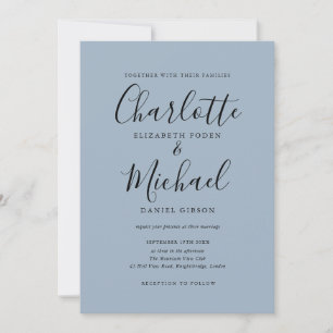 Minimalistische Staubblaue Hochzeit mit Signatursc Einladung