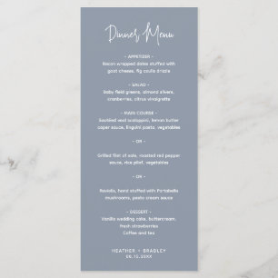 Minimalistische staubblaue moderne Hochzeit Menükarte