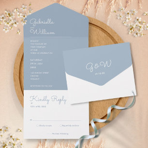 Minimalistische staubblaue Monogramm-Hochzeit All In One Einladung