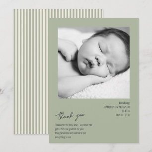 Minimalistische Streifen-Baby-Foto-Sage-Geburtsanz Dankeskarte