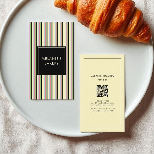 Minimalistische Streifen Retro QR Code Bäckerei Visitenkarte (Von Creator hochgeladen)