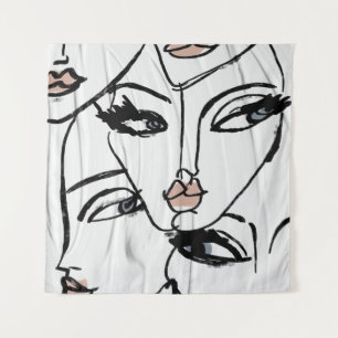 Minimalistische Strichzeichnung von Frauen Gesicht Wandteppich