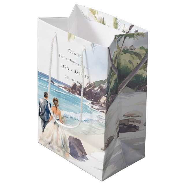 Minimalistische Summer Beach Hochzeit in Urlaubsor Mittlere Geschenktüte (Vorderseite Schrägansicht)