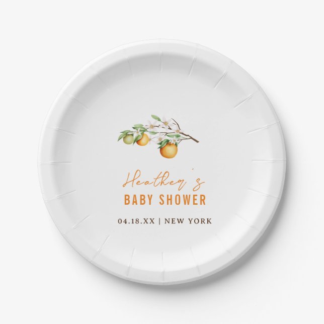 Minimalistische Summer Orange Citrus Baby Dusche Pappteller (Vorderseite)