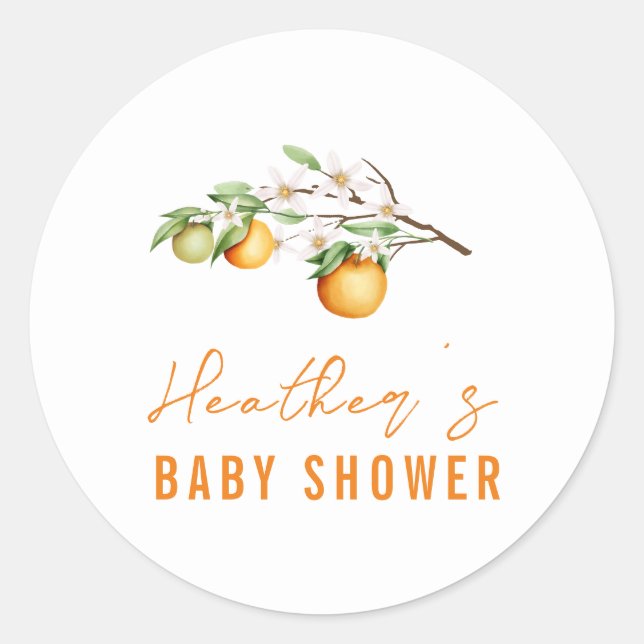 Minimalistische Summer Orange Citrus Baby Dusche Runder Aufkleber (Vorderseite)