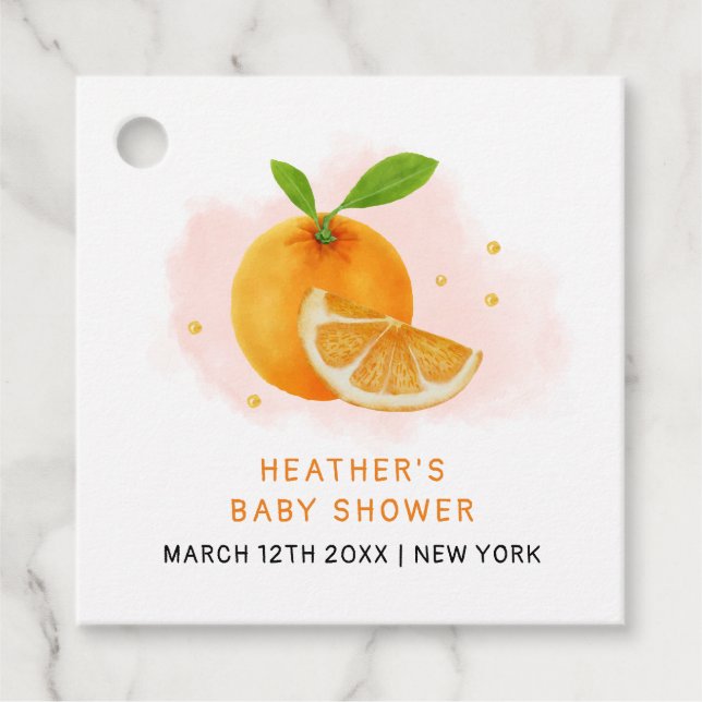 Minimalistische Sweet Orange Citrus Baby Dusche Geschenkanhänger (Vorderseite)