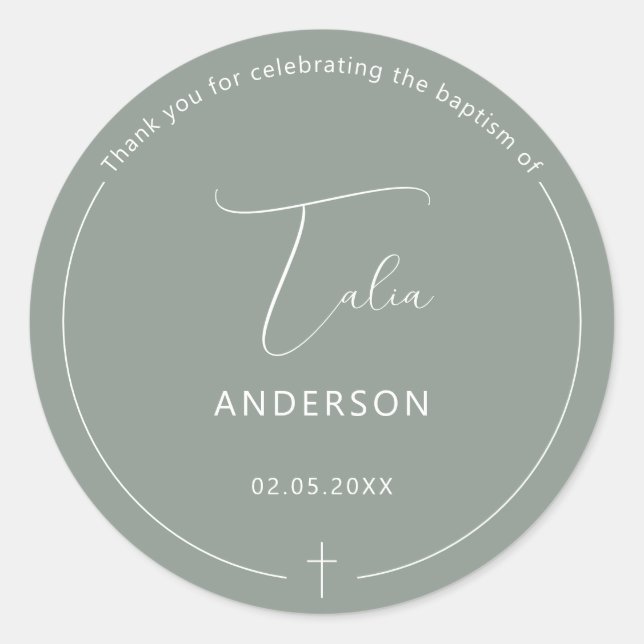 Minimalistische Taufe Einfaches Cross Sage Runder Aufkleber (Vorderseite)