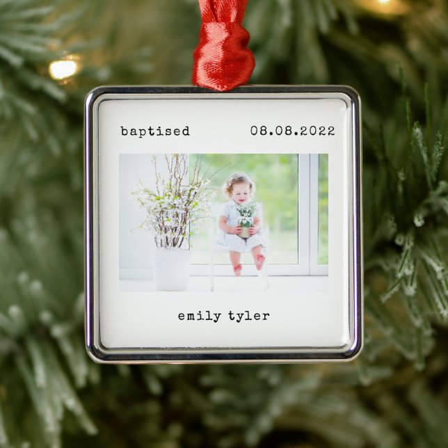 Minimalistische Taufe Foto Keepake Ornament Aus Metall (Baum)