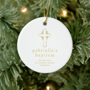 Minimalistische Taufe mit Goldkreuz Keramik Ornament