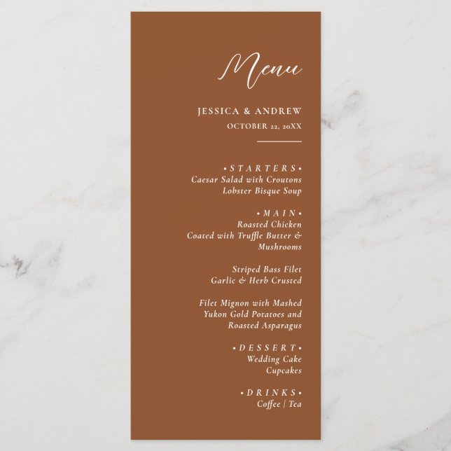 Minimalistische Terra Cotta & White Simple Wedding Menükarte (Vorderseite)